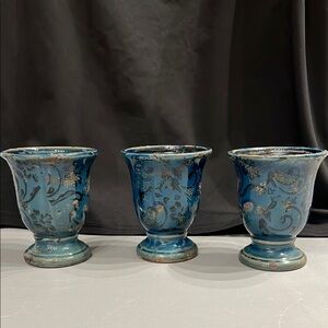 Vase urn Small vintage Blue And Black Ceramic Floral Design set of 3